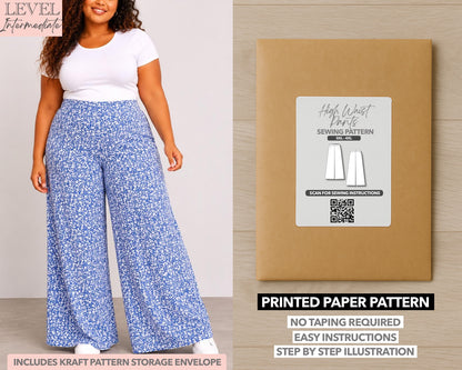 Plus Size High Waist Pants printed sewing pattern with easy instructions and step by step illustrations.