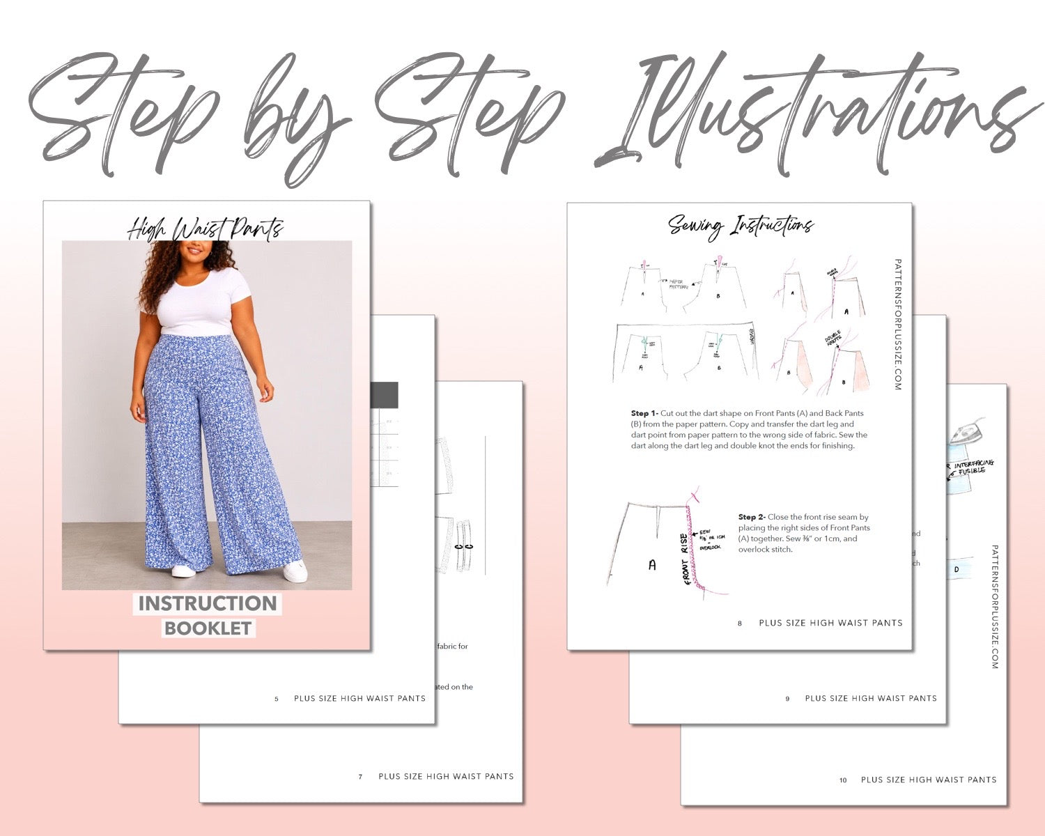 Plus Size High Waist Pants sewing pattern instruction booklet showing step by step illustrations to make the garment.