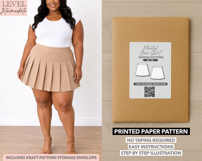 Plus Size High Waist Pleated Mini Skirt printed sewing pattern with easy instructions and step by step illustrations.