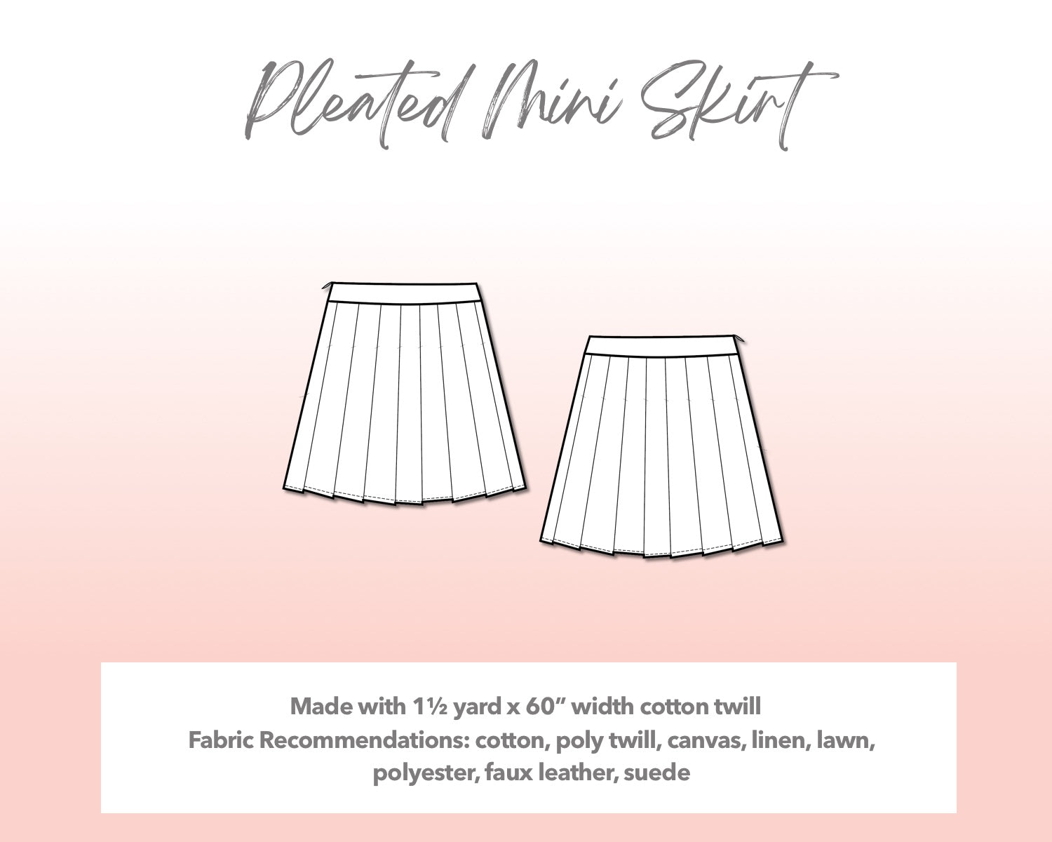Illustration and detailed description for Plus Size High Waist Pleated Mini Skirt sewing pattern. Made with 1½ yard x 60” width cotton twill. Other Fabric Recommendations: cotton, poly twill, canvas, linen, lawn, polyester, faux leather, suede.