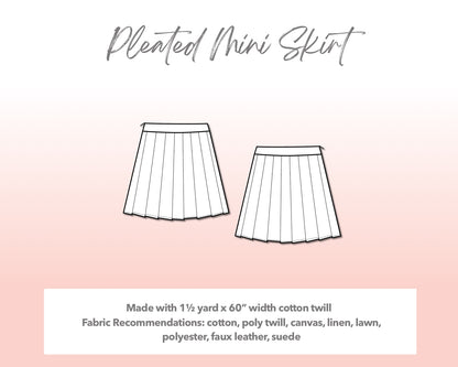 Illustration and detailed description for Plus Size High Waist Pleated Mini Skirt sewing pattern. Made with 1½ yard x 60” width cotton twill. Other Fabric Recommendations: cotton, poly twill, canvas, linen, lawn, polyester, faux leather, suede.