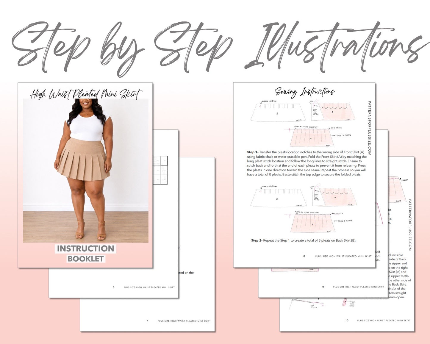 Plus Size High Waist Pleated Mini Skirt sewing pattern instruction booklet showing step by step illustrations to make the garment.