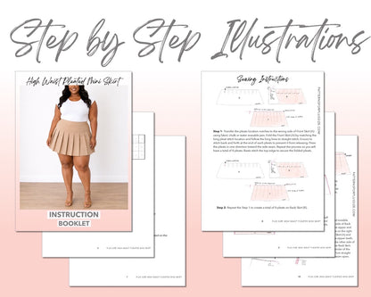 Plus Size High Waist Pleated Mini Skirt sewing pattern instruction booklet showing step by step illustrations to make the garment.