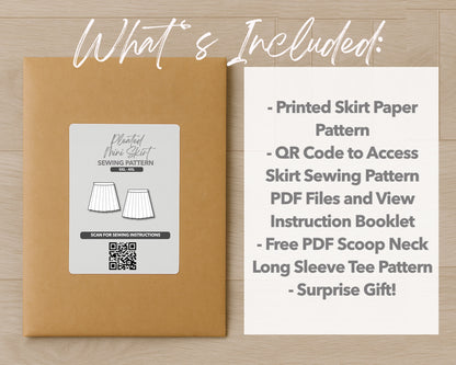 What is included with the printed Plus Size High Waist Pleated Mini Skirt paper sewing pattern 