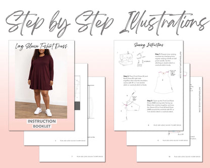 Plus Size Long Sleeve T-Shirt Dress sewing pattern instruction booklet showing step by step illustrations to make the garment.