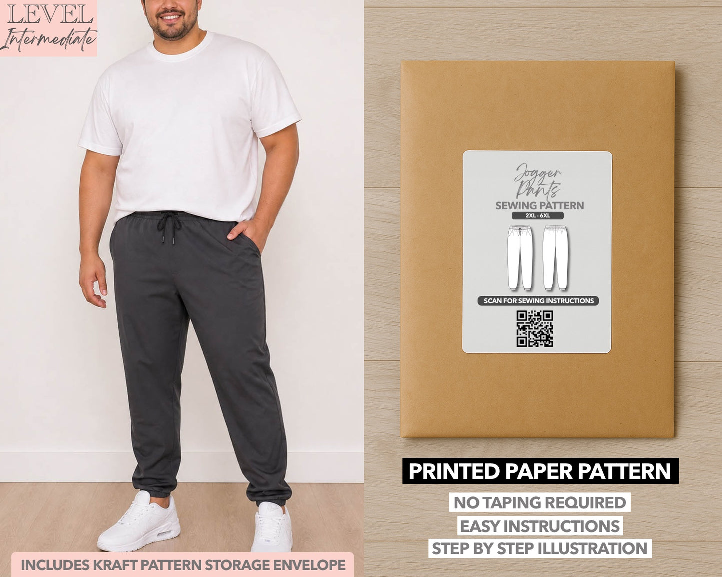 Plus Size Mens Jogger printed sewing pattern with easy instructions and step by step illustrations.