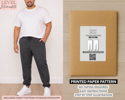 Plus Size Mens Jogger printed sewing pattern with easy instructions and step by step illustrations.