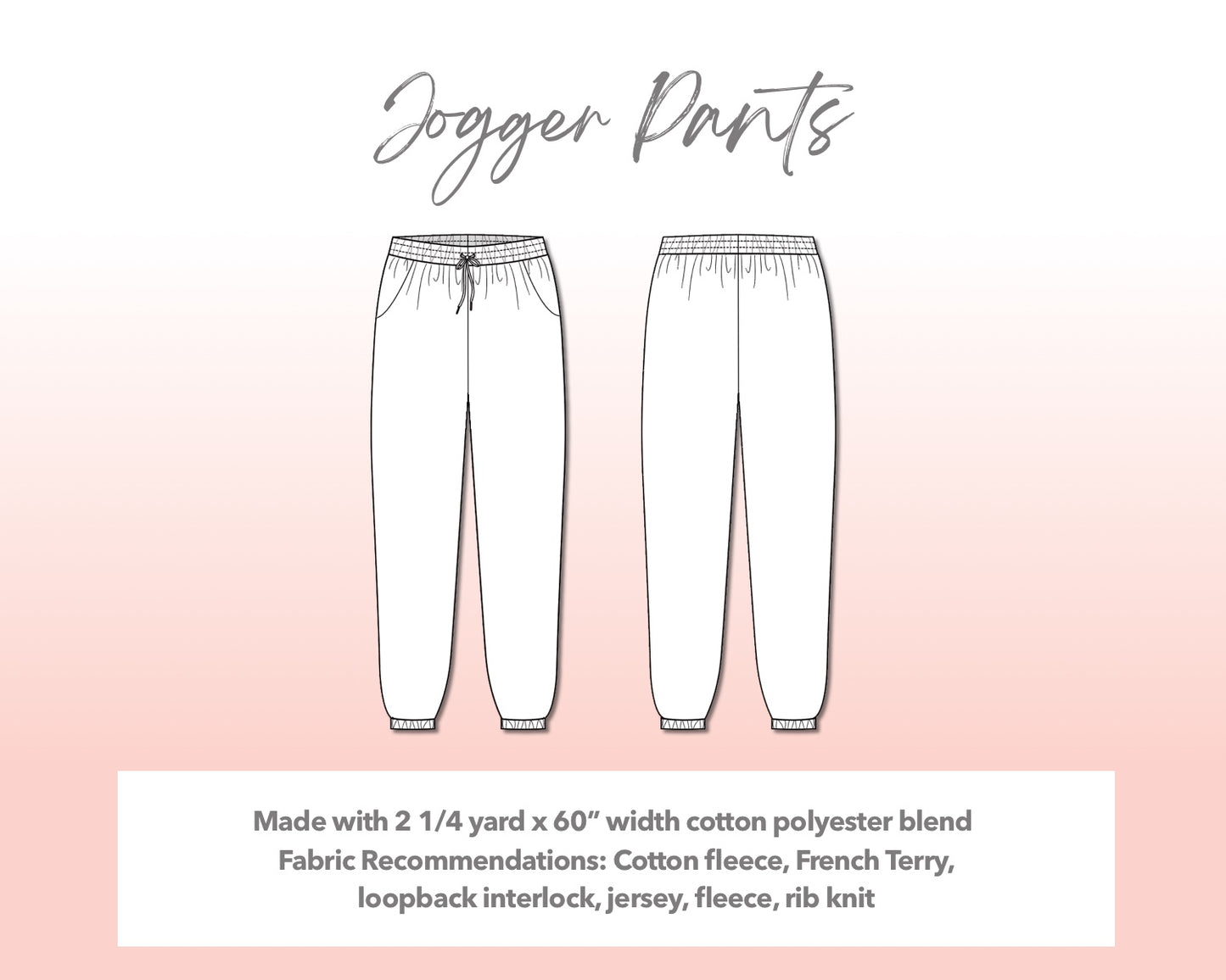 Illustration and detailed description for Plus Size Mens Jogger sewing pattern. Made with 2¼ yard x 60” width cotton polyester blend. Other Fabric Recommendations: cotton fleece, French Terry, loopback interlock, jersey, fleece, rib knit.