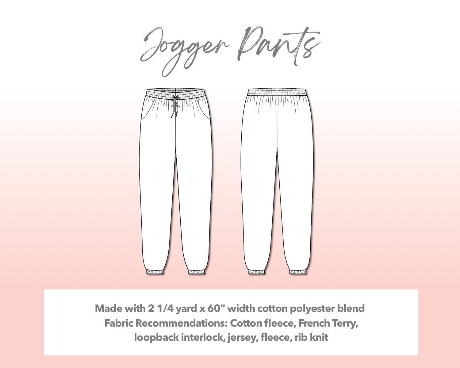 Illustration and detailed description for Plus Size Mens Jogger sewing pattern. Made with 2¼ yard x 60” width cotton polyester blend. Other Fabric Recommendations: cotton fleece, French Terry, loopback interlock, jersey, fleece, rib knit.