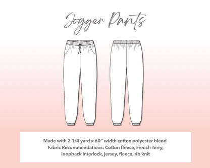 Illustration and detailed description for Plus Size Mens Jogger sewing pattern. Made with 2¼ yard x 60” width cotton polyester blend. Other Fabric Recommendations: cotton fleece, French Terry, loopback interlock, jersey, fleece, rib knit.