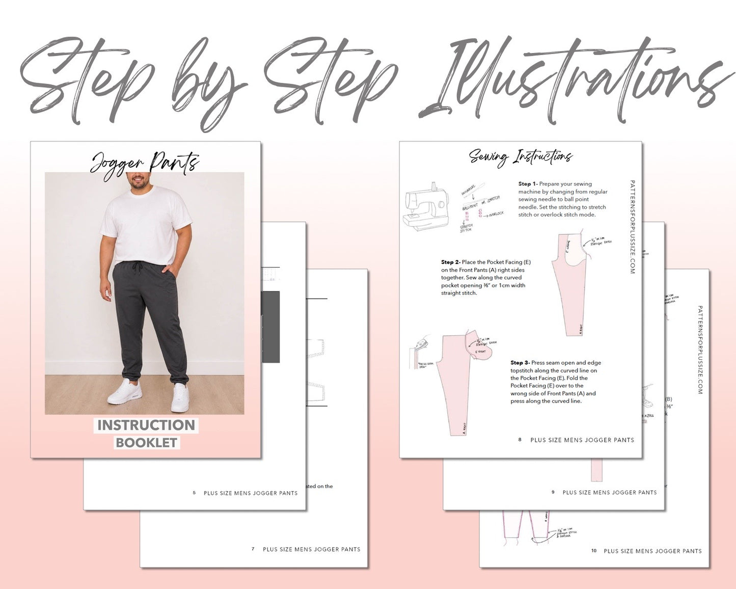 Plus Size Mens Jogger sewing pattern instruction booklet showing step by step illustrations to make the garment.