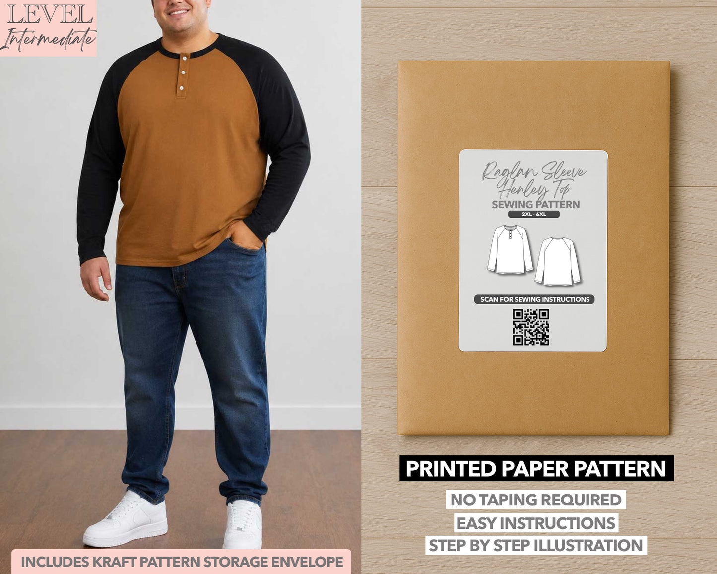 Plus Size Mens Raglan Long Sleeve Henley Top printed sewing pattern with easy instructions and step by step illustrations.