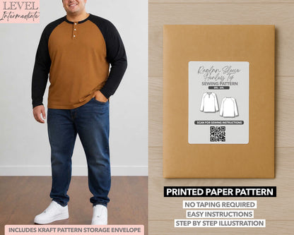Plus Size Mens Raglan Long Sleeve Henley Top printed sewing pattern with easy instructions and step by step illustrations.