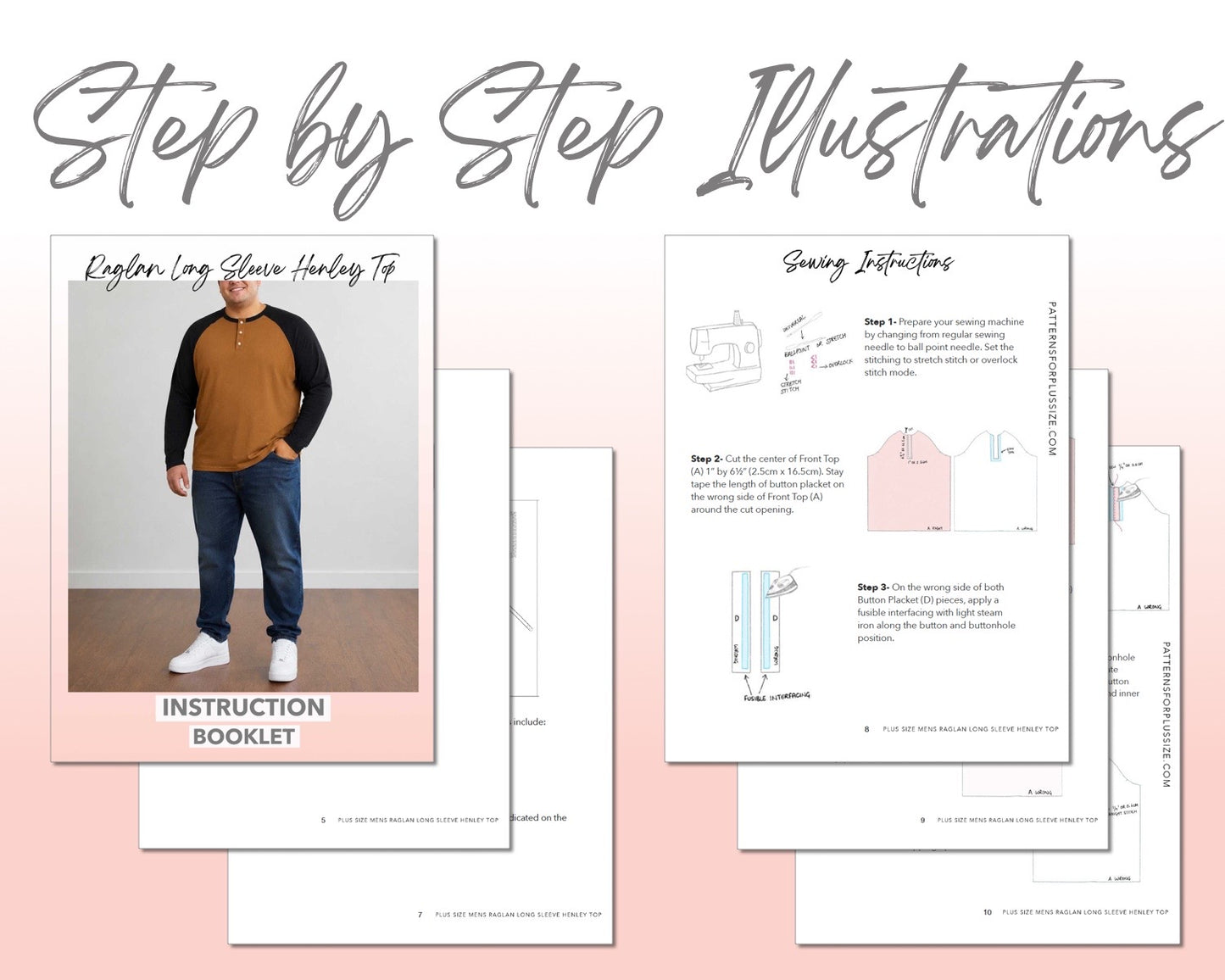 Plus Size Mens Raglan Long Sleeve Henley Top sewing pattern instruction booklet showing step by step illustrations to make the garment.