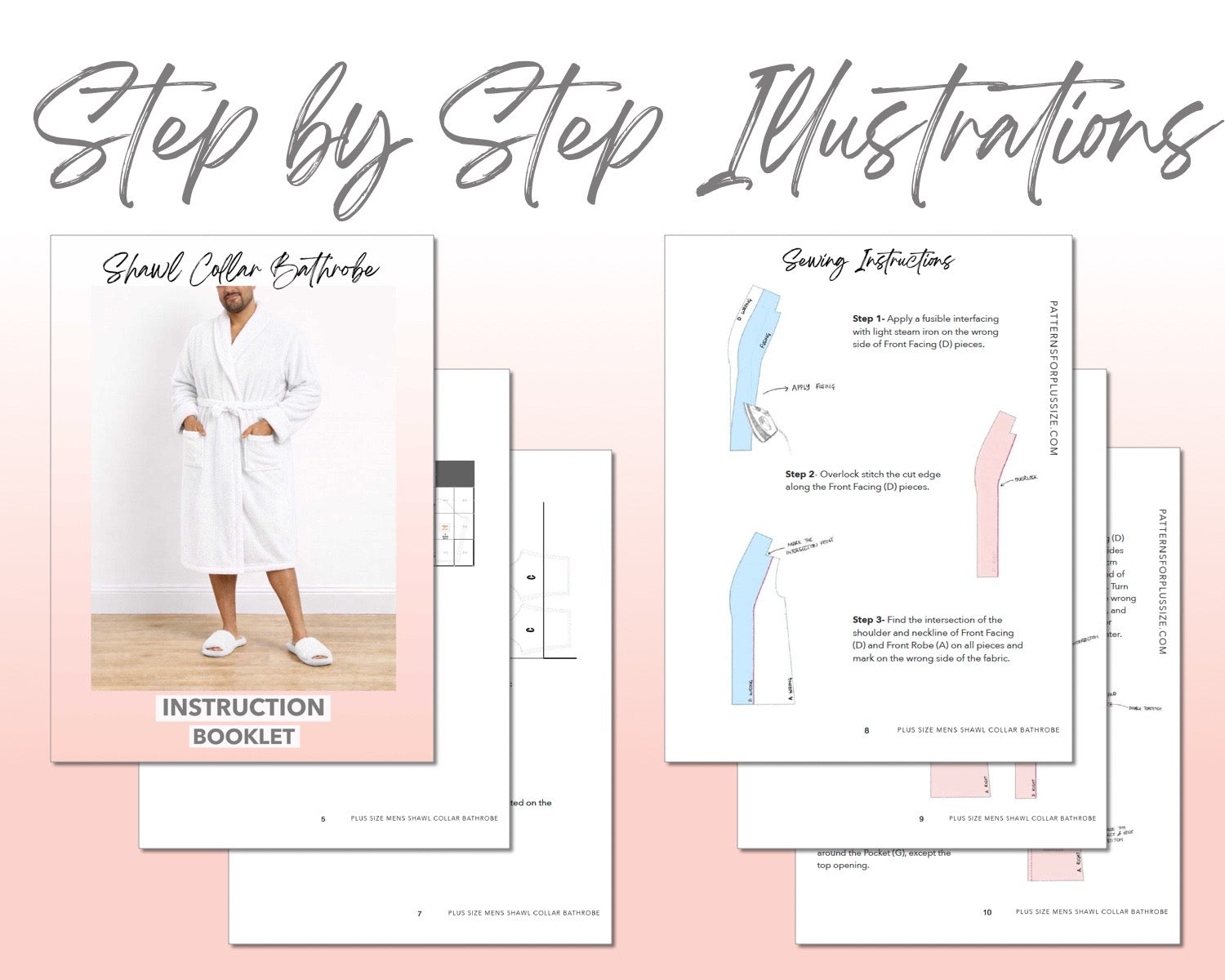 Plus Size Mens Shawl Collar Bathrobe sewing pattern instruction booklet showing step by step illustrations to make the garment.