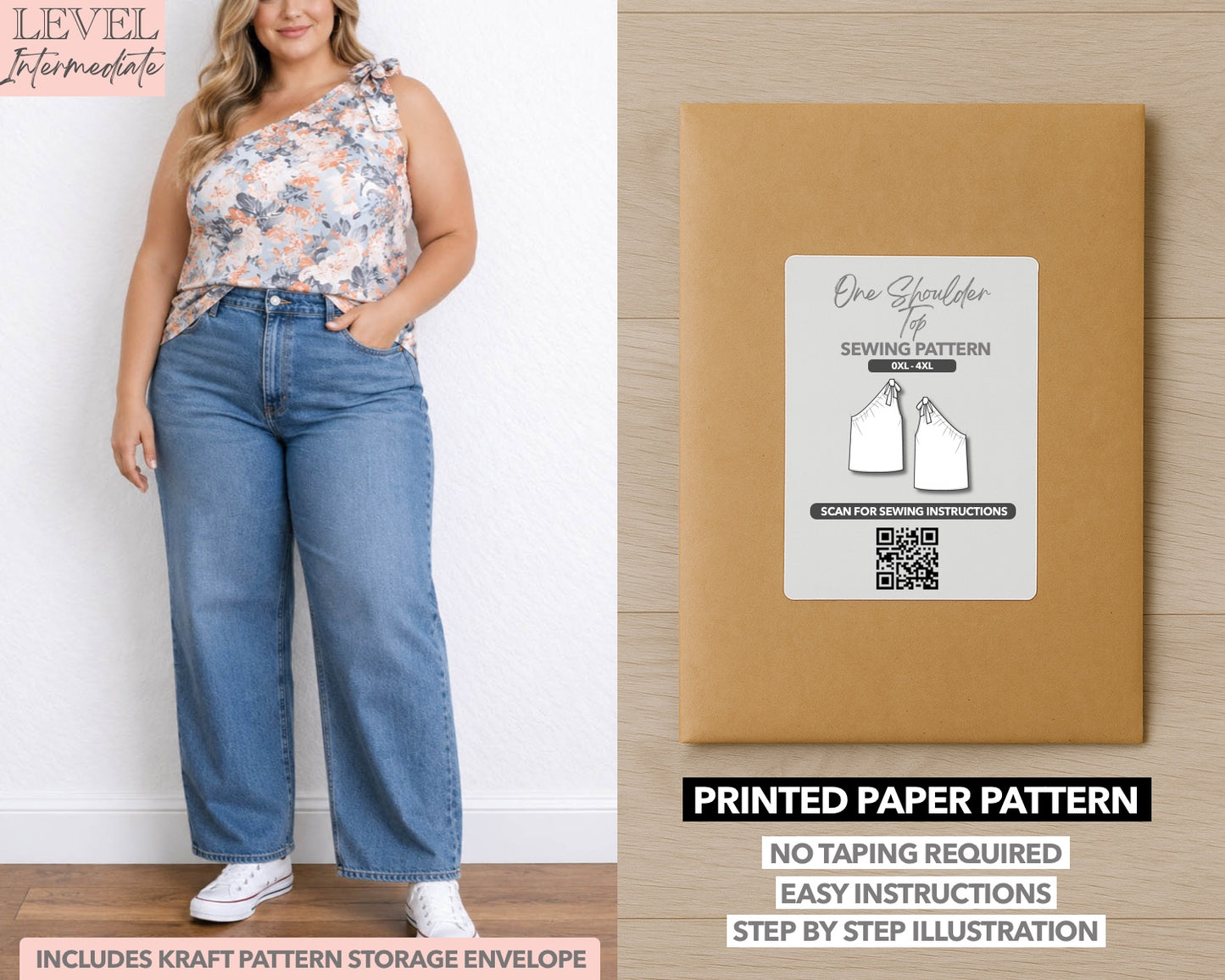 Plus Size One Shoulder Top printed sewing pattern with easy instructions and step by step illustrations.