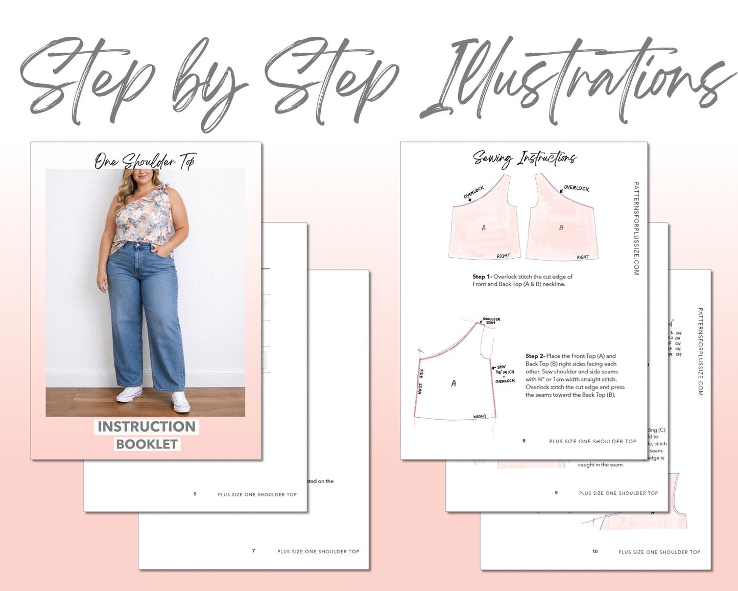 Plus Size One Shoulder Top sewing pattern instruction booklet showing step by step illustrations to make the garment.