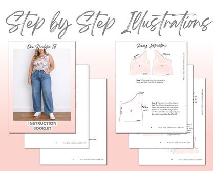 Plus Size One Shoulder Top sewing pattern instruction booklet showing step by step illustrations to make the garment.