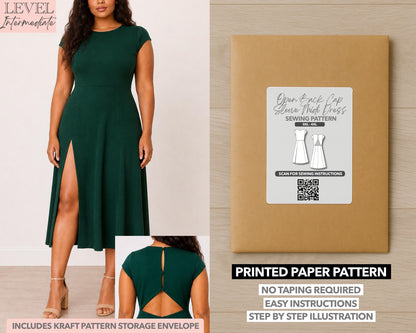 Plus Size Open Back Cap Sleeve Midi Dress printed sewing pattern with easy instructions and step by step illustrations.