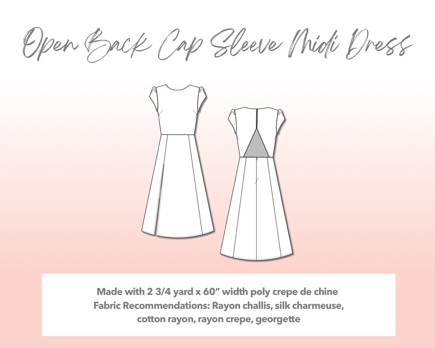 Illustration and detailed description for Plus Size Open Back Cap Sleeve Midi Dress sewing pattern. Made with 2¾ yard x 60” width poly crepe de chine. Other Fabric Recommendations: rayon challis, silk charmeuse, cotton rayon, rayon crepe, georgette.