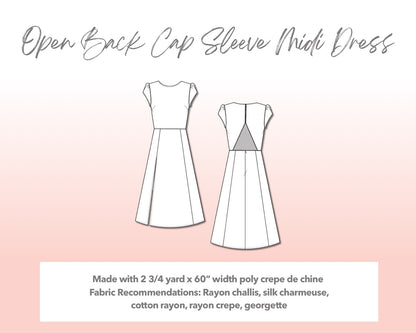 Illustration and detailed description for Plus Size Open Back Cap Sleeve Midi Dress sewing pattern. Made with 2¾ yard x 60” width poly crepe de chine. Other Fabric Recommendations: rayon challis, silk charmeuse, cotton rayon, rayon crepe, georgette.