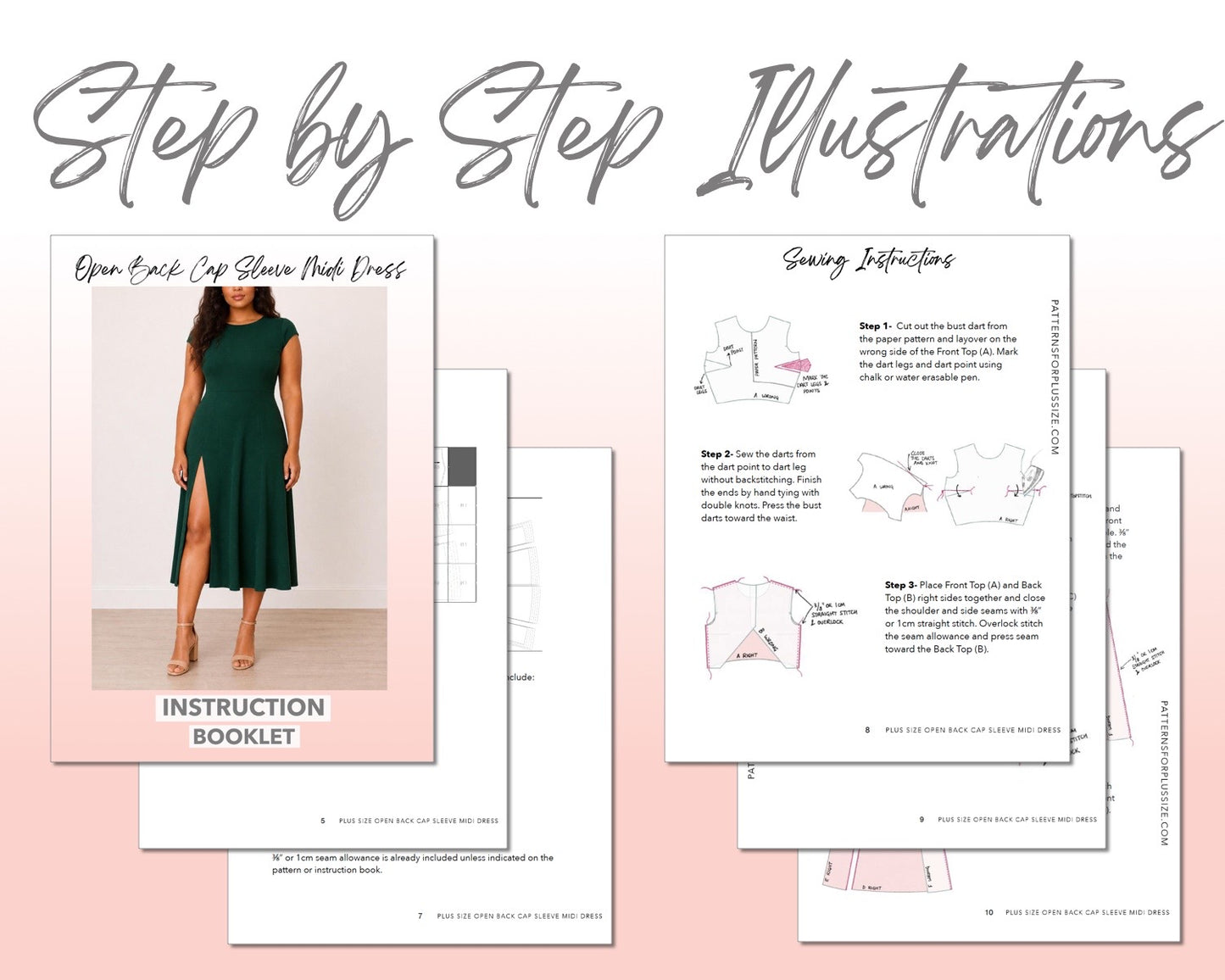 Plus Size Open Back Cap Sleeve Midi Dress sewing pattern instruction booklet showing step by step illustrations to make the garment.