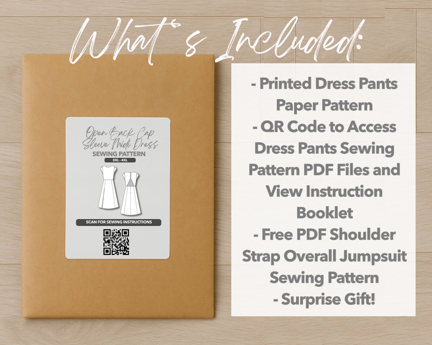 What is included with the printed Plus Size Open Back Cap Sleeve Midi Dress paper sewing pattern 