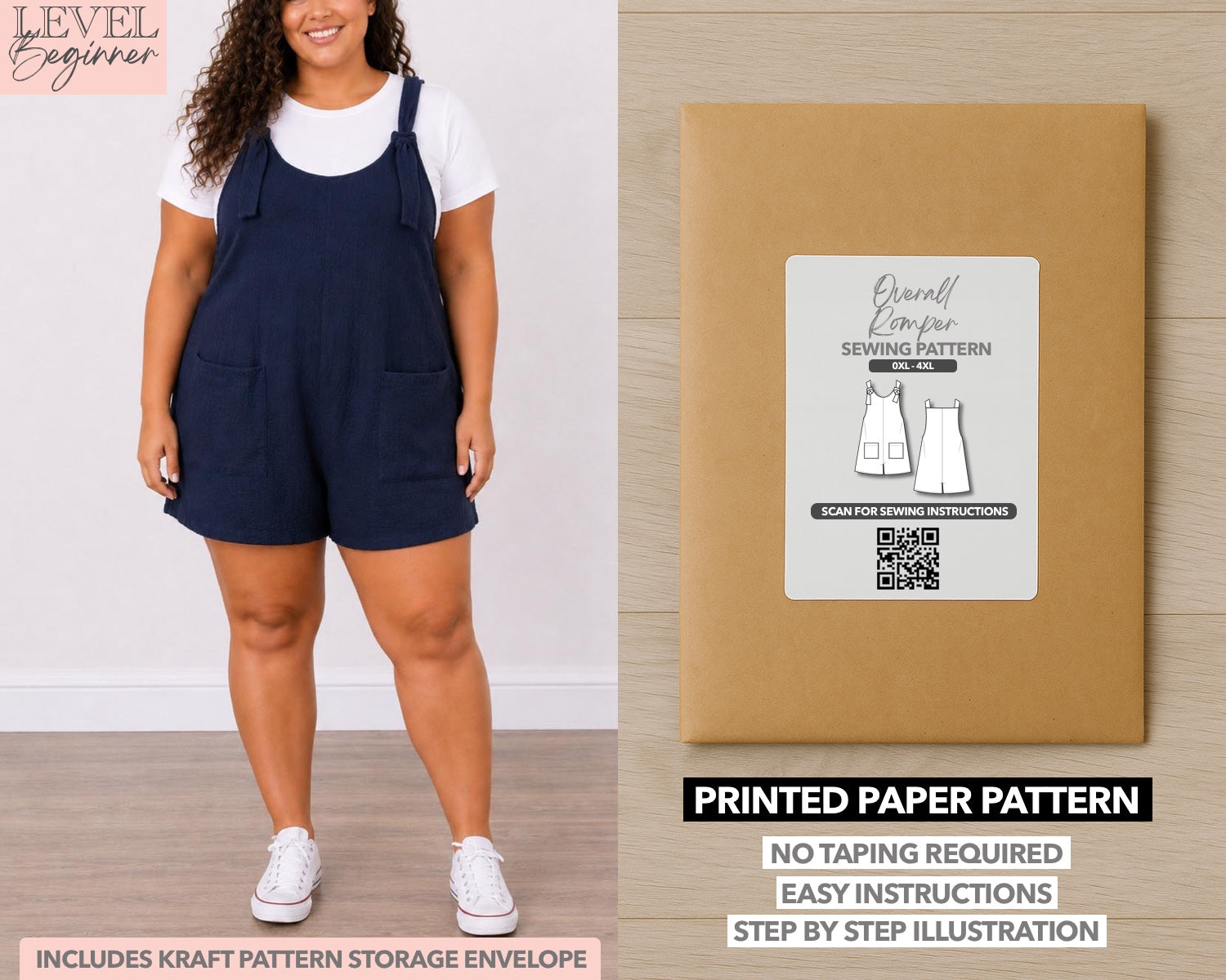 Plus Size Overall Romper printed sewing pattern with easy instructions and step by step illustrations.