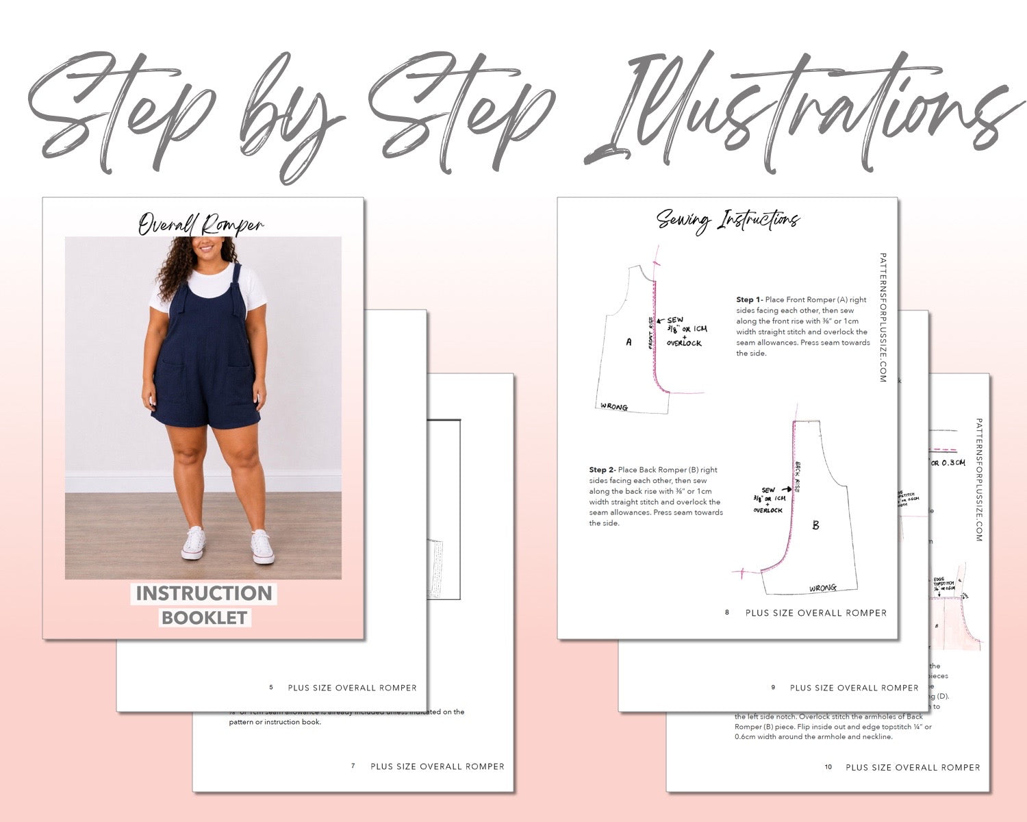 Plus Size Overall Romper sewing pattern instruction booklet showing step by step illustrations to make the garment.