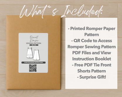 What is included with the printed Plus Size Overall Romper paper sewing pattern 