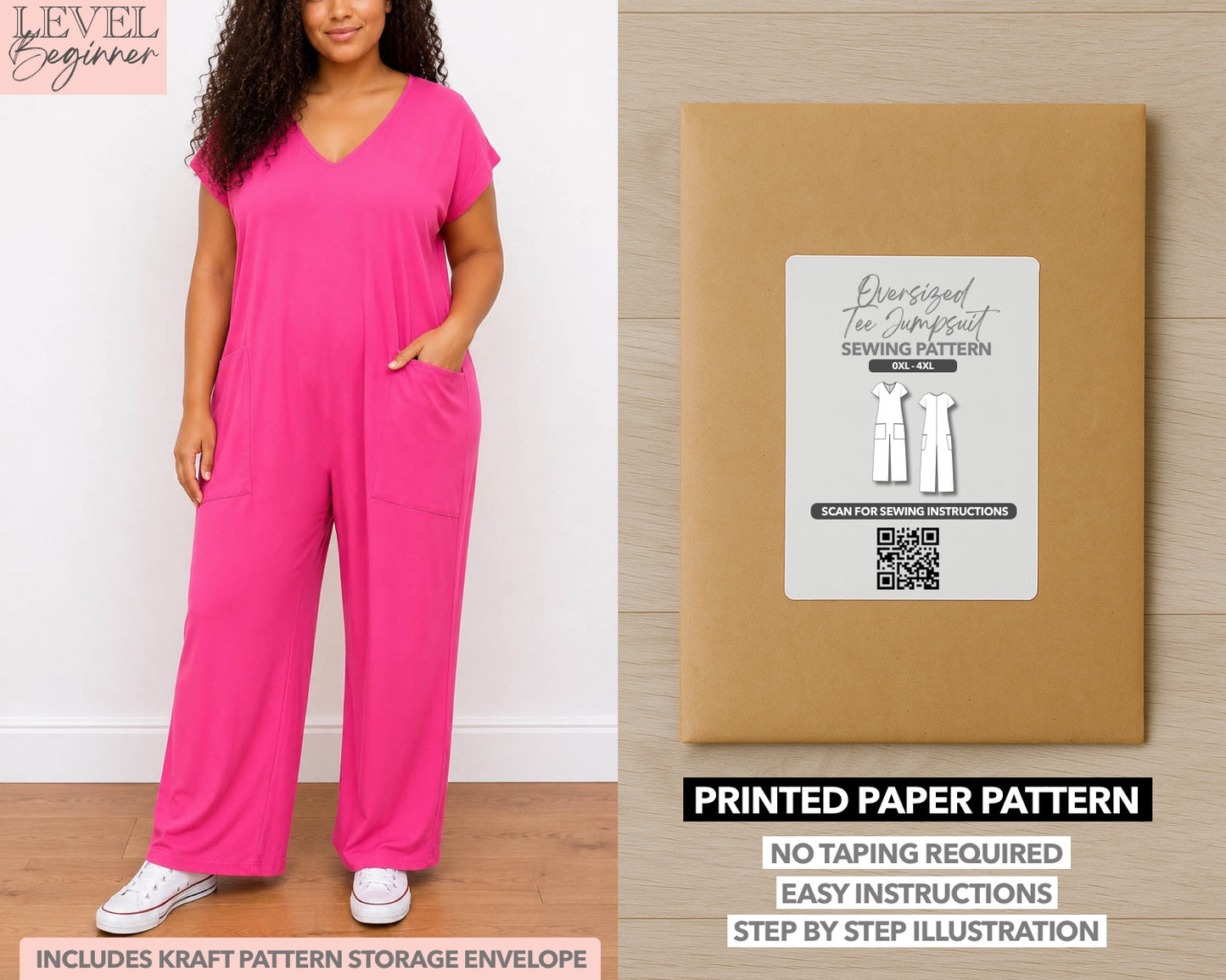 Plus Size Oversized Knit Tee Jumpsuit printed sewing pattern with easy instructions and step by step illustrations.