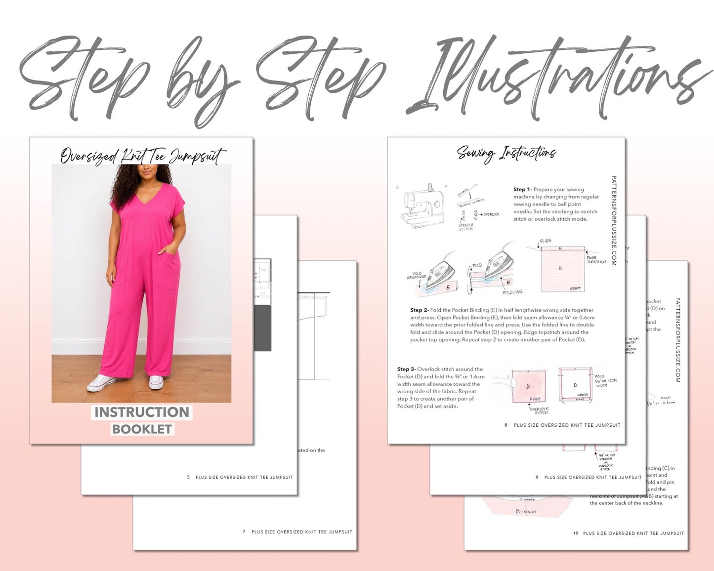 Plus Size Oversized Knit Tee Jumpsuit sewing pattern instruction booklet showing step by step illustrations to make the garment.
