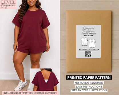Plus Size Oversized Tee Romper printed sewing pattern with easy instructions and step by step illustrations.