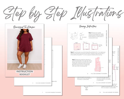Plus Size Oversized Tee Romper sewing pattern instruction booklet showing step by step illustrations to make the garment.