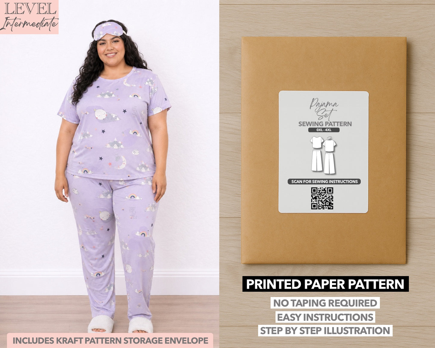 Plus Size Pajama Set printed sewing pattern with easy instructions and step by step illustrations.