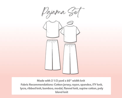 Illustration and detailed description for Plus Size Pajama Set sewing pattern. Made with 2½ yard x 60” width knit. Other Fabric Recommendations: Cotton jersey, rayon, spandex, ITY knit, lycra, ribbed knit, bamboo, modal, flannel knit, supine cotton, poly blend knit.