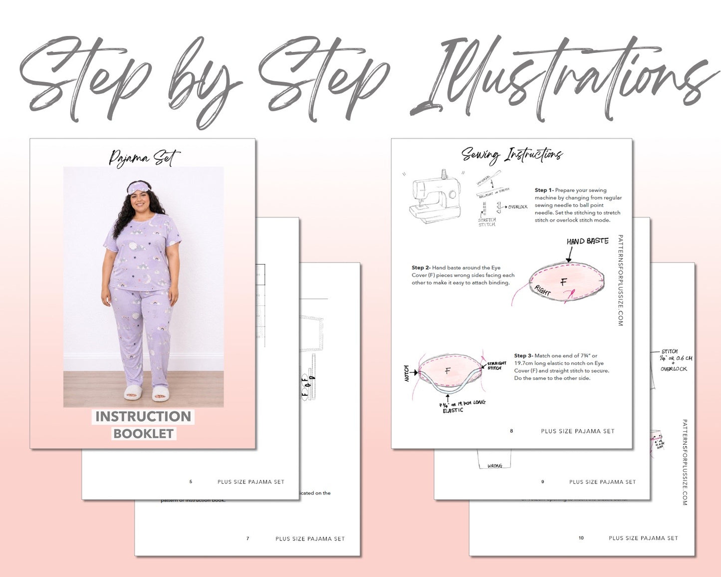 Plus Size Pajama Set sewing pattern instruction booklet showing step by step illustrations to make the garment.