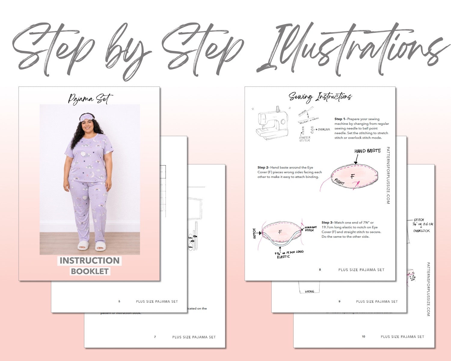Plus Size Pajama Set sewing pattern instruction booklet showing step by step illustrations to make the garment.
