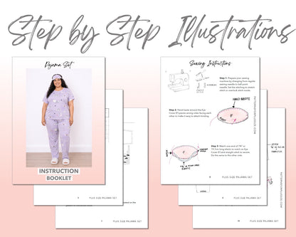 Plus Size Pajama Set sewing pattern instruction booklet showing step by step illustrations to make the garment.