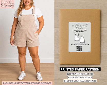 Plus Size Pocket Overall Romper printed sewing pattern with easy instructions and step by step illustrations.