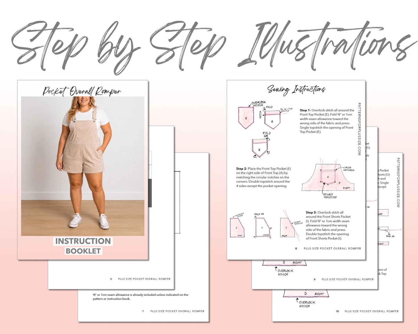Plus Size Pocket Overall Romper sewing pattern instruction booklet showing step by step illustrations to make the garment.