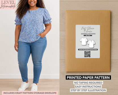 Plus Size Puff Sleeve Blouse printed sewing pattern with easy instructions and step by step illustrations.