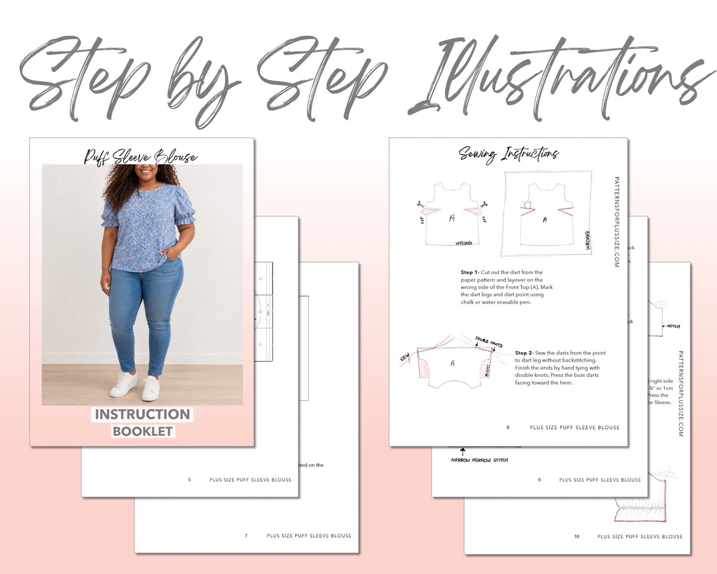 Plus Size Puff Sleeve Blouse sewing pattern instruction booklet showing step by step illustrations to make the garment.