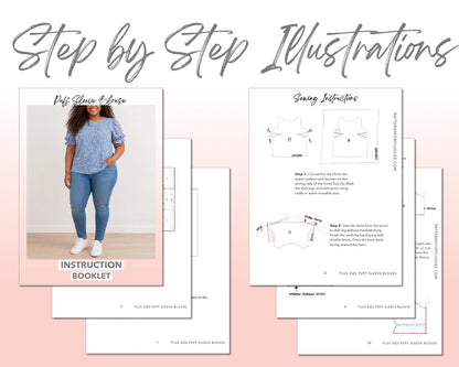 Plus Size Puff Sleeve Blouse sewing pattern instruction booklet showing step by step illustrations to make the garment.
