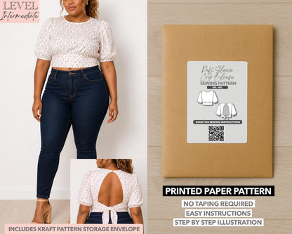 Plus Size Puff Sleeve Open Back Tie Crop Blouse printed sewing pattern with easy instructions and step by step illustrations.