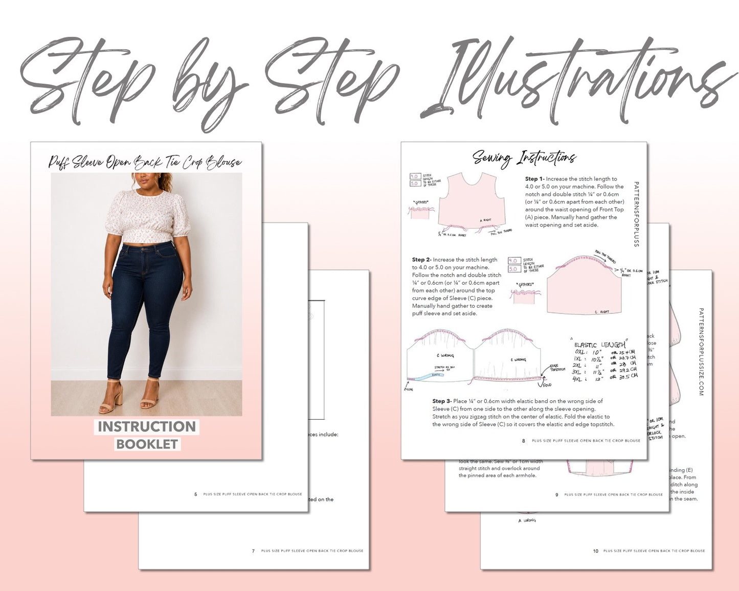 Plus Size Puff Sleeve Open Back Tie Crop Blouse sewing pattern instruction booklet showing step by step illustrations to make the garment.