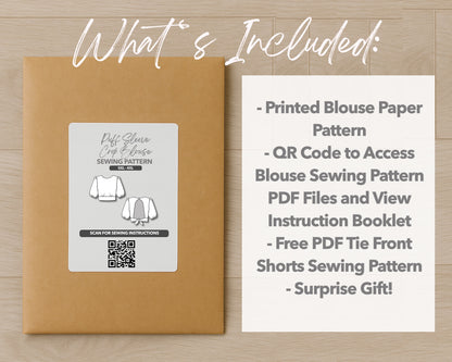 What is included with the printed Plus Size Puff Sleeve Open Back Tie Crop Blouse paper sewing pattern