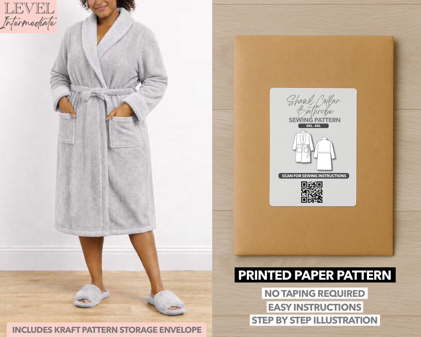 Plus Size Shawl Collar Bathrobe printed sewing pattern with easy instructions and step by step illustrations.