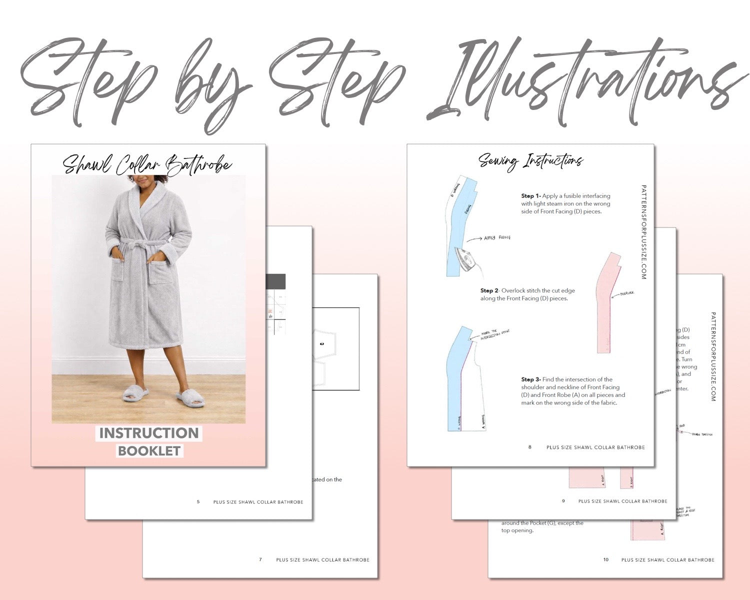 Plus Size Shawl Collar Bathrobe sewing pattern instruction booklet showing step by step illustrations to make the garment.