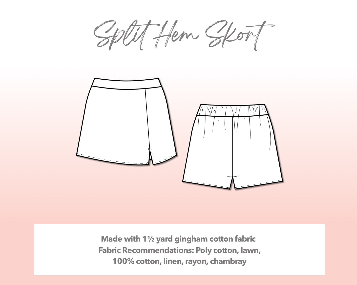 Illustration and detailed description for Plus Size Split Hem Skort sewing pattern. Made with 1½ yard gingham cotton fabric. Other Fabric Recommendations: poly cotton, lawn, 100% cotton, linen, rayon, chambray.